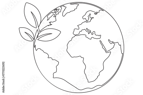 Earth and plant sprout one line minimal illustration for environment care and global sustainability
