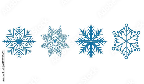 Four distinct blue and white snowflake designs symbolizing winter's cold and beauty in delicate crystal forms ready for festive applications isolated on white background