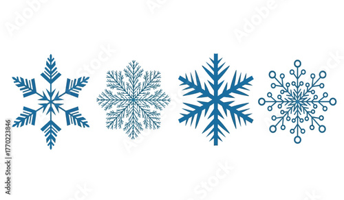Four distinct snowflake designs captured in a crisp winter scene perfect for holiday and seasonal graphics isolated on white background