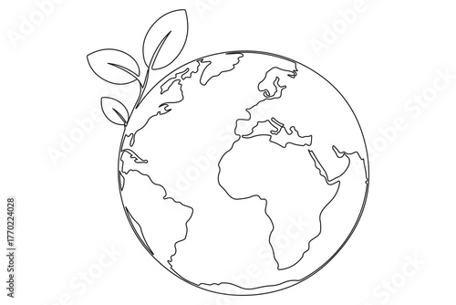 Earth and plant sprout one line minimal illustration for environment care and global sustainability
