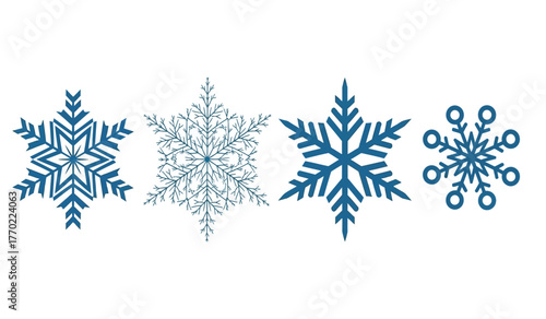 Diverse snowflake collection capturing winter's delicate beauty in various intricate designs and shades of blue and white isolated on white background