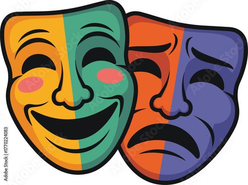 Vibrant comedy and tragedy theatrical masks vector graphic representing drama emotion and acting