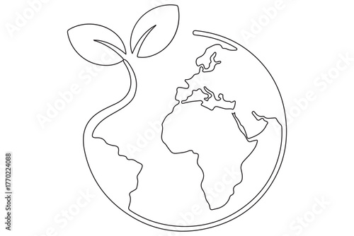 Earth and plant sprout one line minimal illustration for environment care and global sustainability
