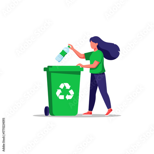 A young woman responsibly disposes of a plastic bottle into a large green recycling bin with a white environmental symbol.