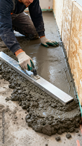 Worker Smoothing Fresh Concrete Floor with Trowel in Construction Site