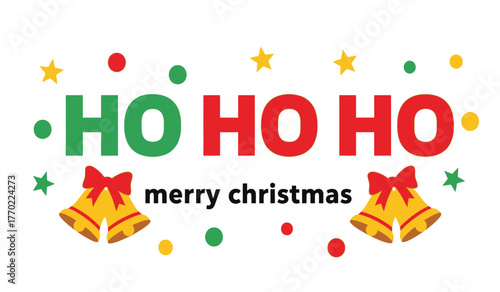 Festive ho ho ho merry christmas greeting with bells and confetti celebrating holiday joy isolated on white background