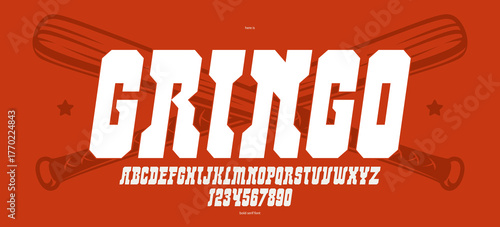 Bold massive vector geometric italic font for logo creation, wild west American style typeface for posters and headlines, western typography like saloon or western typing.