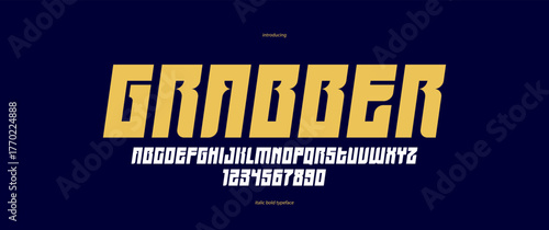 Bold simple sans serif display font for logos headers or slogans, vector italic heavy geometric typeface, uppercase letters alphabet with numbers, poster and advertising.