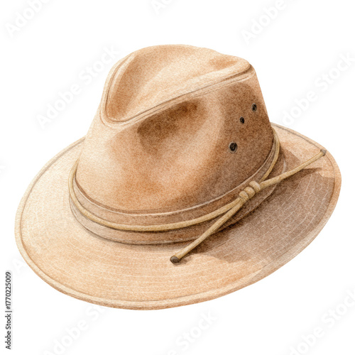 Tan pith helmet with a chin strap, isolated