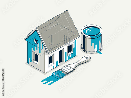 Painting house service exterior walls vector 3D isometric illustration, professional worker facade paint renovation, residential small family house or cottage, outside painting building.