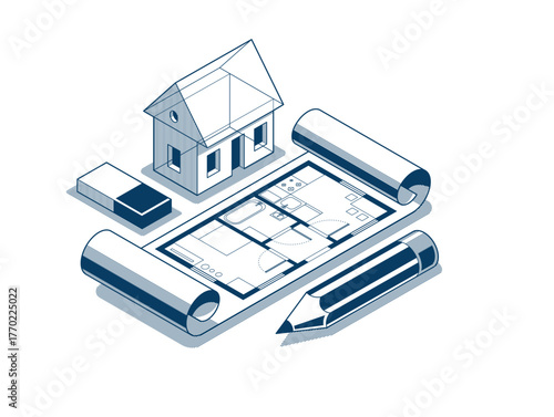 Cottage house for rest project concept, 3D isometric vector illustration of a small house building project, countryside small house cabin in village or nature.