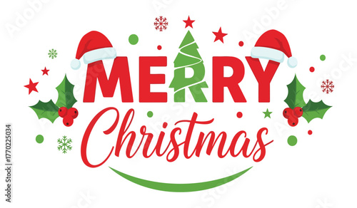Festive merry christmas text design with holiday icons including santa hats and pine tree for seasonal greetings and celebrations isolated on white background