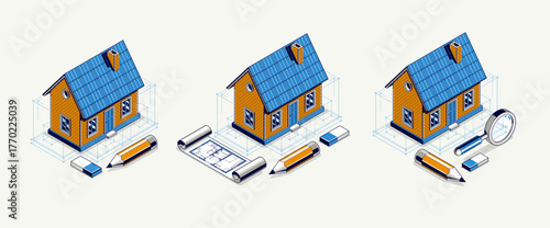Cottage house for rest project concept set, 3D isometric vector illustration of a small house building project, countryside small house cabin in village or nature.