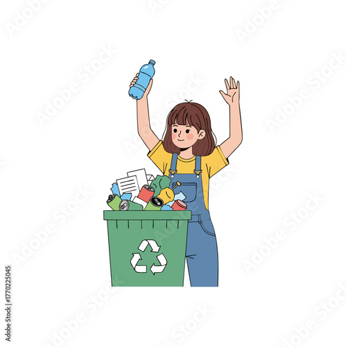 A young woman cheerfully throws a plastic bottle into a recycling bin overflowing with various recyclable materials.