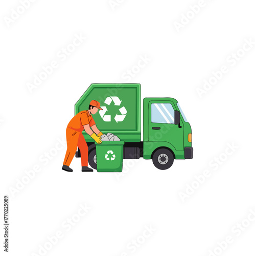 A sanitation worker in an orange uniform empties a green recycling bin into a large garbage truck.