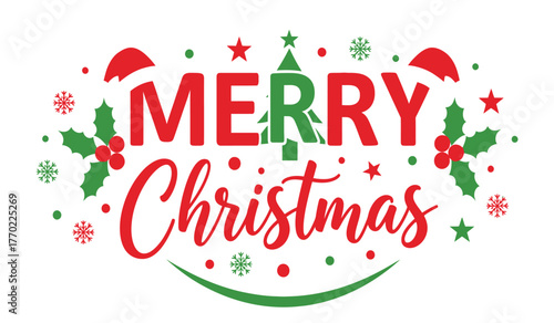 Festive merry christmas typography with holiday embellishments and santa hats for seasonal greetings and celebrations isolated on white background