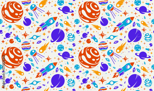 Exploring space seamless background, vector cartoon rockets flying among planets and stars endless wallpaper, astronomy school education for children tiling pattern.