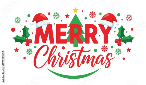 Festive merry christmas text design with santa hats holly and snowflakes celebrating holiday season joyful wishes isolated on white background