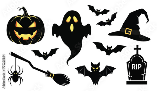 Spooky halloween icons featuring pumpkin ghost witch hat bats spider and tombstone for festive decorations isolated on white background