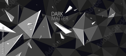 Dark black monochrome greyscale polygonal abstract background with 3D triangular surface and flying debris particles in motion, explosion force abstraction.