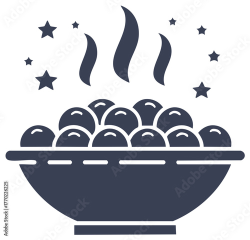 Magical steaming food bowl with sparkling stars glyph icon