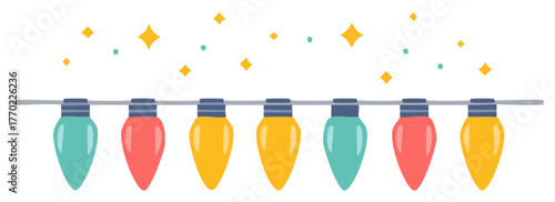 Colorful Holiday Lights String with Sparkles in Teal, Red, and Yellow Festive Decorations