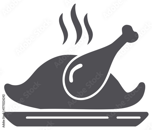 Roasted chicken on a plate, with steam, food icon. Thanksgiving or holiday concept.