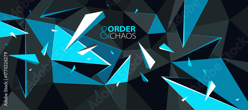Low poly black and blue vector abstract background, 3D dimensional polygonal surface with broken debris in chaos of dynamic explosion, crumpled particles.