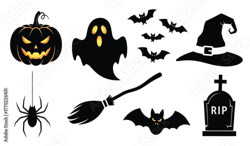 Spooky halloween icons featuring jack-o-lantern ghost bats witch hat spiderweb broom tombstone for festive decorations and party supplies isolated on white background