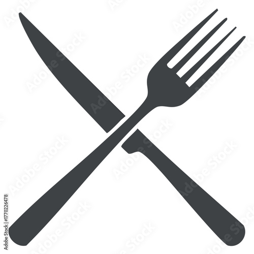 Minimalist vector icon of crossed knife and fork silverware for food and restaurant symbol