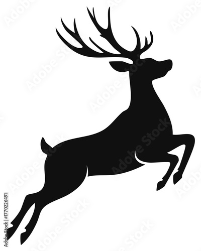 Black silhouette of a majestic leaping reindeer with large antlers