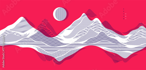 Nature art oriental Japanese style vector abstract background in red colors, runny like water shapes and lines with textures.