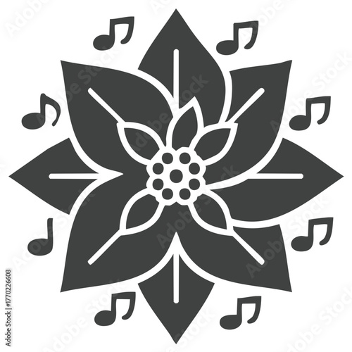 Christmas poinsettia flower icon with surrounding musical notes for holiday carols