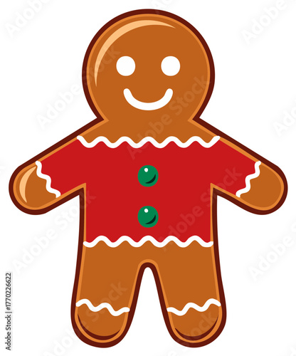 Cute cartoon gingerbread man cookie with a red icing shirt and a happy smile