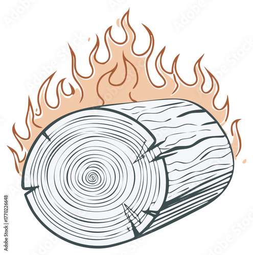 Illustration of burning log with flames, firewood for bonfire, woodpile for heating or cooking, vector element