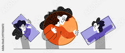 Different worldviews, young people holding different shapes and colors, one person have a comfortable and positive ideology and outlook and others have uncomfortable, prism of mind, vector.