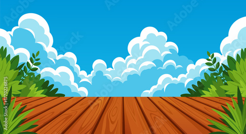 Vast Sky with Fluffy Clouds Above a Wooden Deck Surrounded by Lush Greenery, Perfect for Outdoor Scenes and Branding