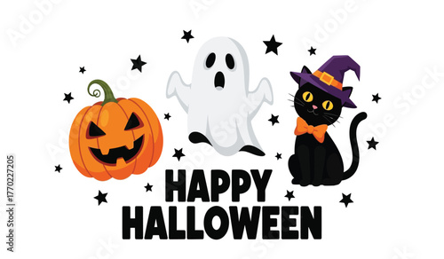 Charming halloween scene featuring a jack-o'-lantern ghost and black cat with stars and festive "happy halloween" text isolated on white background
