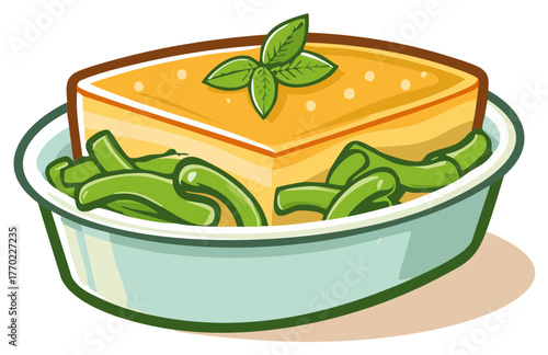 Vector Illustration of a casserole with green beans and a basil leaf garnish