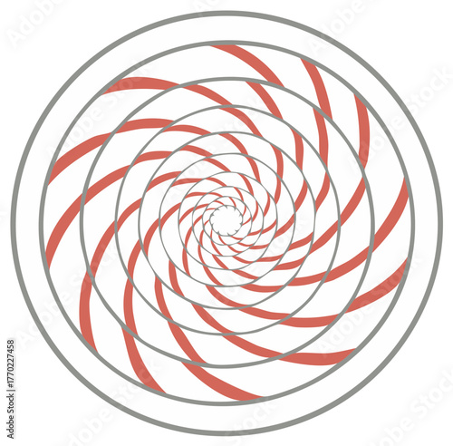 Geometric Swirl Pattern of Concentric Circles and Red Bars, Abstract Illusion