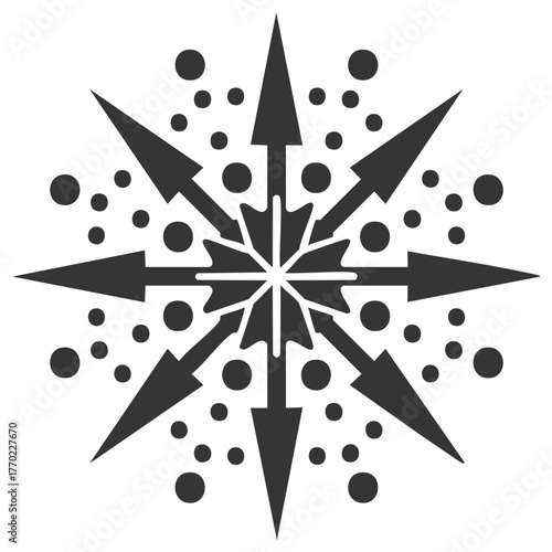 Abstract snowflake design with radiating arrow points and scattered circles