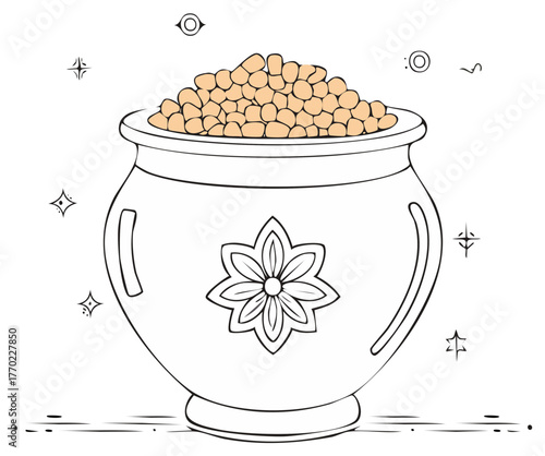 Decorative traditional pot filled with chickpeas a cultural symbol of prosperity and abundance outline illustration