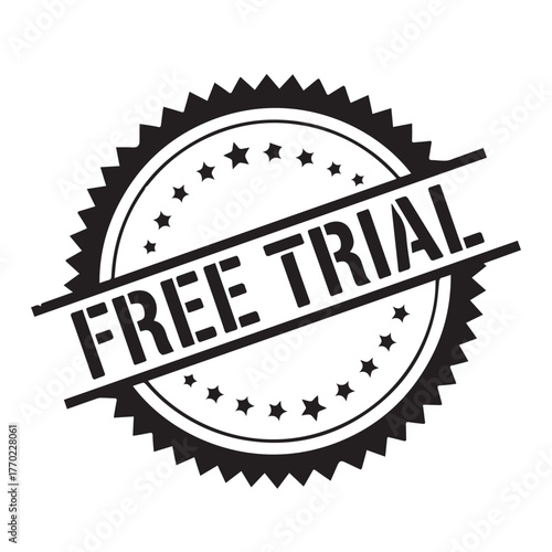 A black and white rubber stamp design with the words free trial written in bold letters across the center, the stamp has a circular shape with a jagged edge and stars