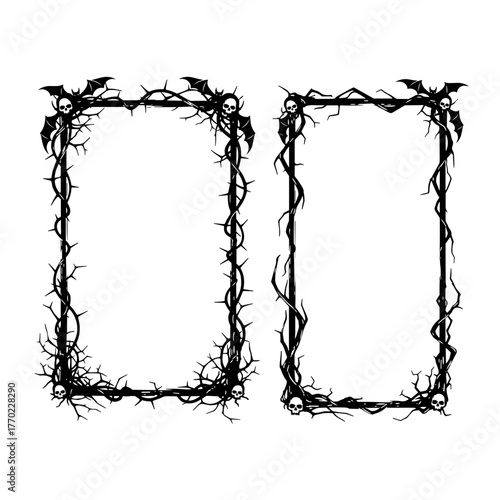 Gothic Halloween Border Frame with Skulls, Bats, and Thorny Vines – Dark Horror Clipart