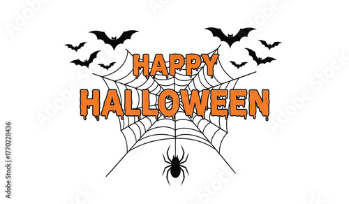 Spooky happy halloween text design with bats spiders and cobwebs festive holiday greeting graphic element isolated on white background