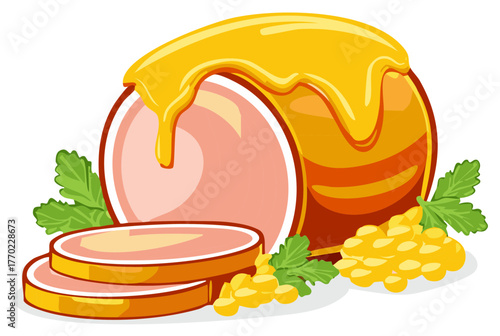 Illustration of a Sliced Honey Glazed Ham with Parsley and Mustard