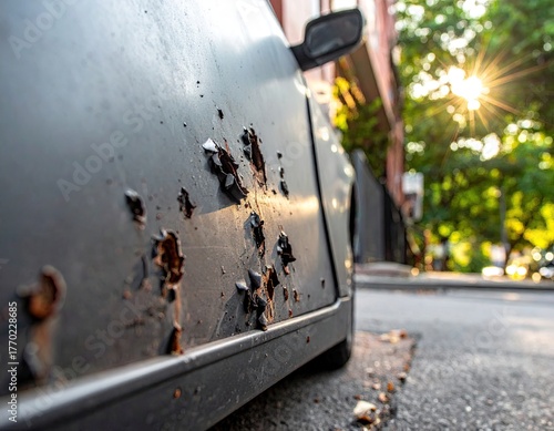 Rusty car door, urban setting