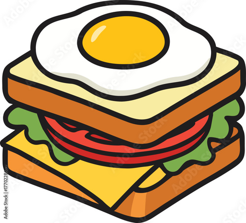 Illustration of delicious breakfast sandwich with egg cheese lettuce and tomato