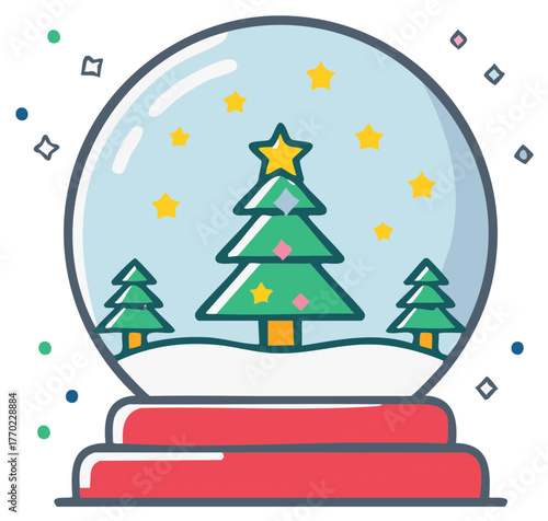 A festive holiday snow globe with a Christmas tree and stars inside a winter wonderland cartoon illustration