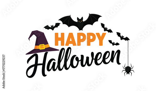 Happy halloween festive design with spooky bats witch hat and creepy spider for seasonal celebration isolated on white background